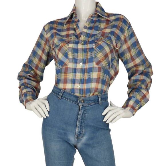 70s Vintage Levi's Plaid Cowgirl Boho Mod Hippie Cheesecloth White Tab Shirt - Picture 1 of 9